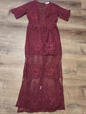 Women's Eleter Burgundy Embroidered Lace Romper Medium
